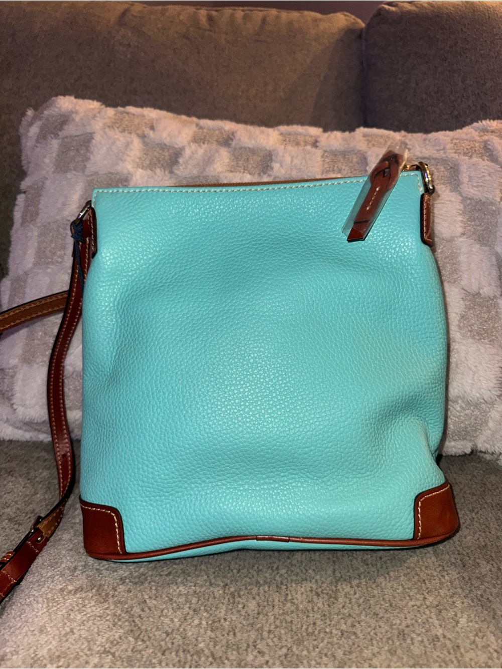 Dooney & Bourke Turquoise Pebble Leather Crossbody with Brown Trim - Picture 5 of 12